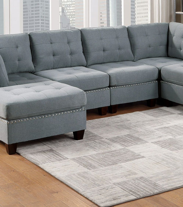 Modular Sectional 6 Piece Set Living Room Furniture U-Sectional Tufted Nail Heads Couch Gray Linen Like Fabric 2 Corner Wedge 2 Armless Chairs And 2 Ottomans