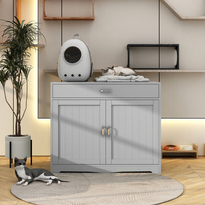 Litter Box Enclosure, Cat Litter Box Furniture With Hidden Plug, 2 Doors, Indoor Cat Washroom Storage Benc Height Side Table Cat House, Large Wooden Enclused Litter Box House - Gray