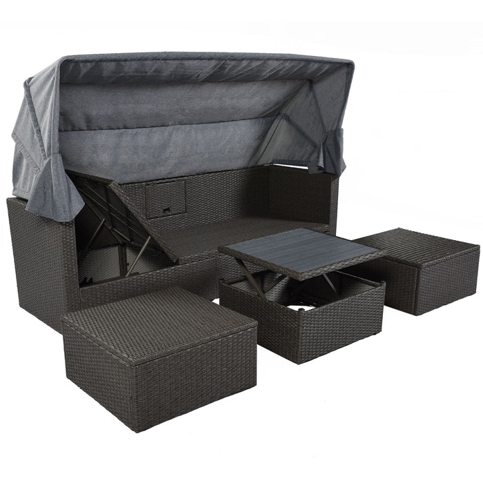 U_Style - Outdoor Patio Rectangle Daybed With Retractable Canopy, Wicker Furniture Sectional Seating With Washable Cushions, Backyard, Porch