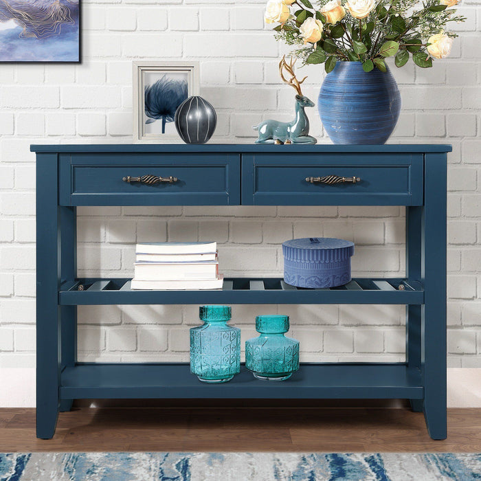 Console Sofa Table With 2 Storage Drawers And 2 Tiers Shelves, Mid-Century Style 42'' Solid Wood Buffet Sideboard For Living Room Furniture Kitchen Dining Room Entryway Hallway, Navy Blue