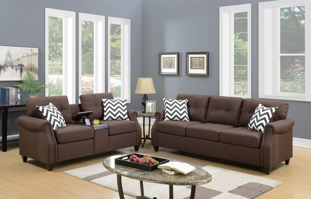 2Pcs Sofa Set Living Room Furniture Dark Coffee Plush Polyfiber Sofa Loveseat Console Pillows Couch