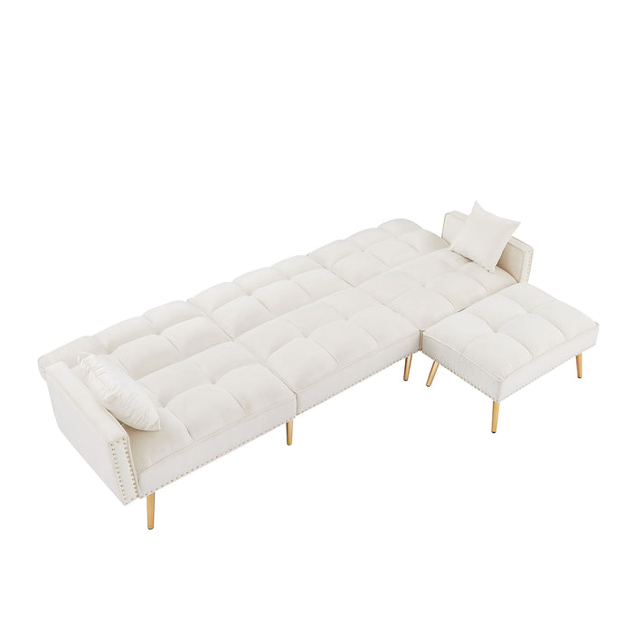 Cream White Velvet Upholstered Reversible Sectional Sofa Bed, L-Shaped Couch With Movable Ottoman For Living Room