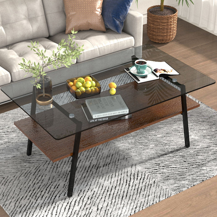 Rectangle Coffee Table, Tempered Glass Tabletop With Black Metal Legs, Modern Table For Living Room, Gray Glass