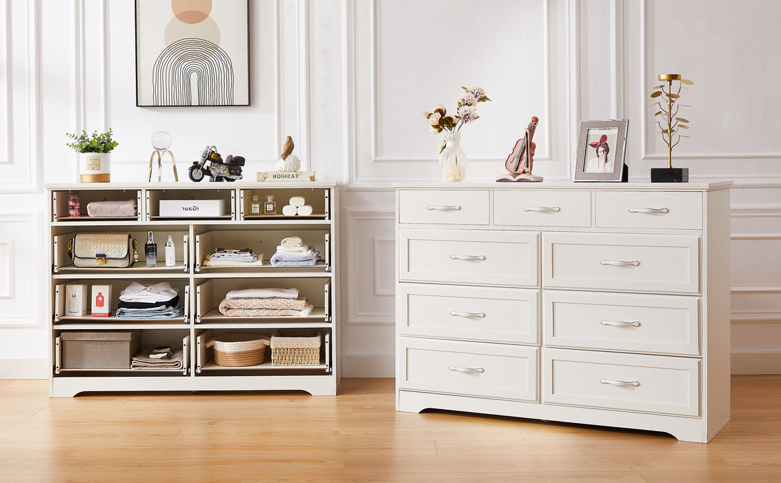 Bedroom Dresser, 9 Drawer Long Dresser With Antique Handles, Wood Chest Of Drawers For Kids Room, Living Room, Entry And Hallway, White
