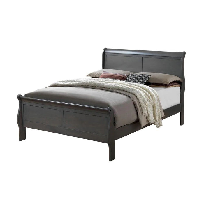 Classic Contemporary California King Size Bed Gray Louis Phillipe Solidwood 1 Piece Bed Bedroom Sleigh Bed