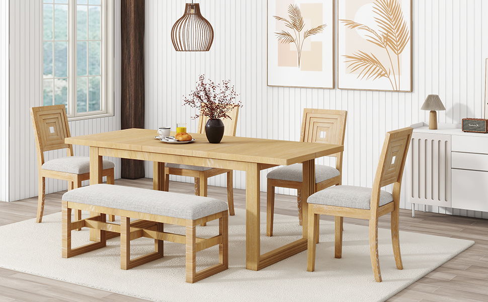 Topmax Modern 6 Piece Extendable Dining Table Set, 4 Upholstered Dining Chairs And Dining Bench, Butterfly Leaf, Natural