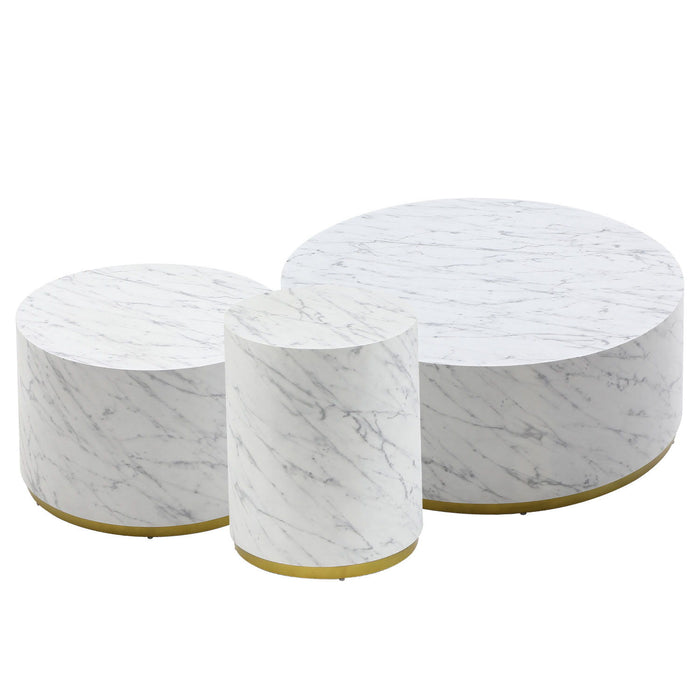 (Set of 3) White Marble Pattern Round Coffee Table Side Table End Table Set For Living Room Fully Assembled