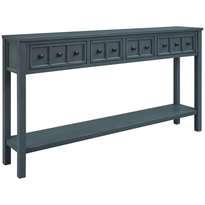 Trexm Rustic Entryway Console Table, 60" Long Sofa Table With Two Different Size Drawers And Bottom Shelf For Storage - Navy