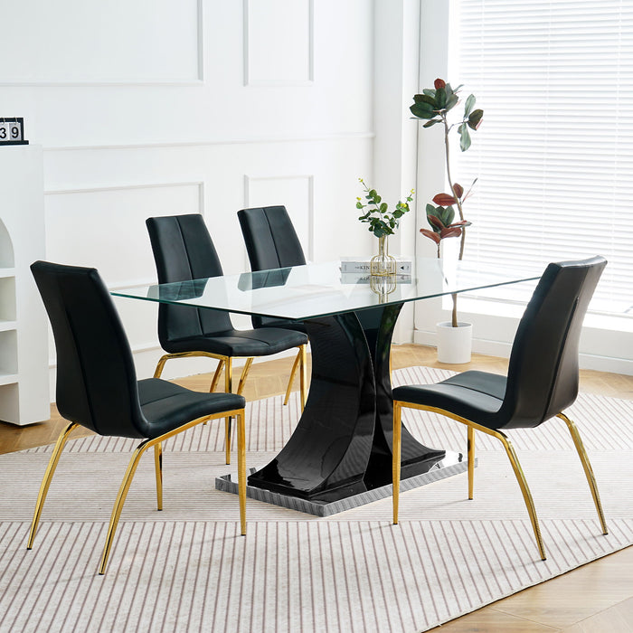 Modern Simple Table And Chair Set, One Table And Four Chairs Transparent Tempered Glass Table Top, Solid Base Gold Plated Metal Chair Legs (Set of 5) - Black