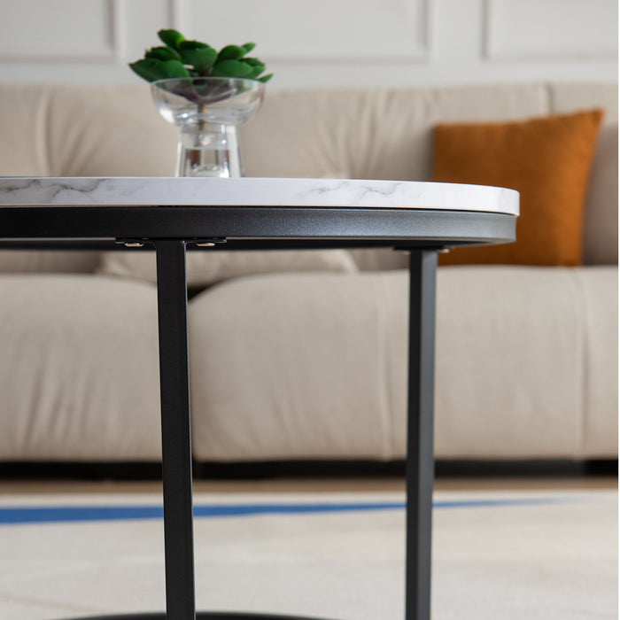 Modern Nesting Coffee Table, Black Metal Frame With Marble Color Top -23.6"