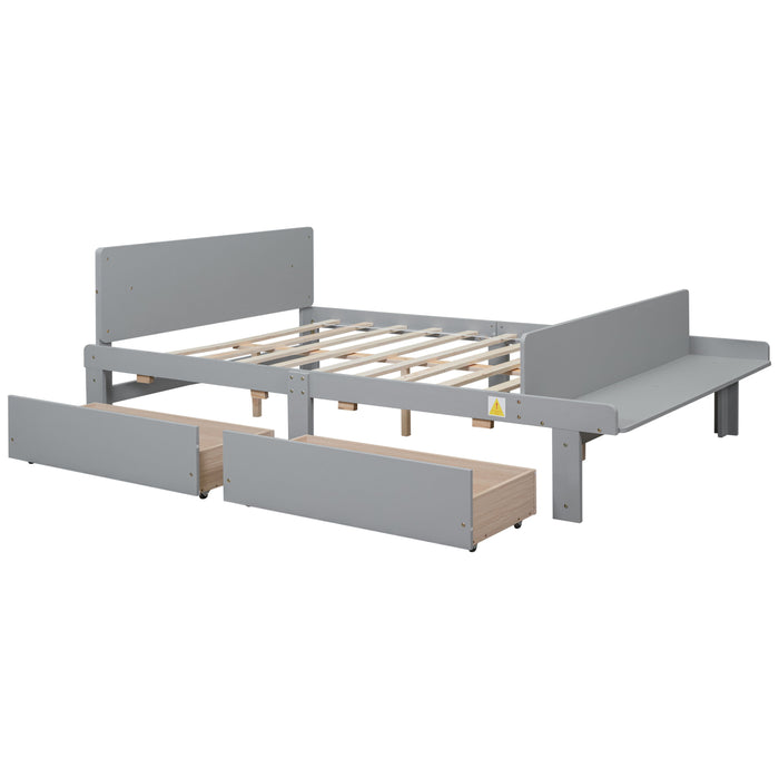 Full Bed With Footboard Bench, 2 Drawers, Gray