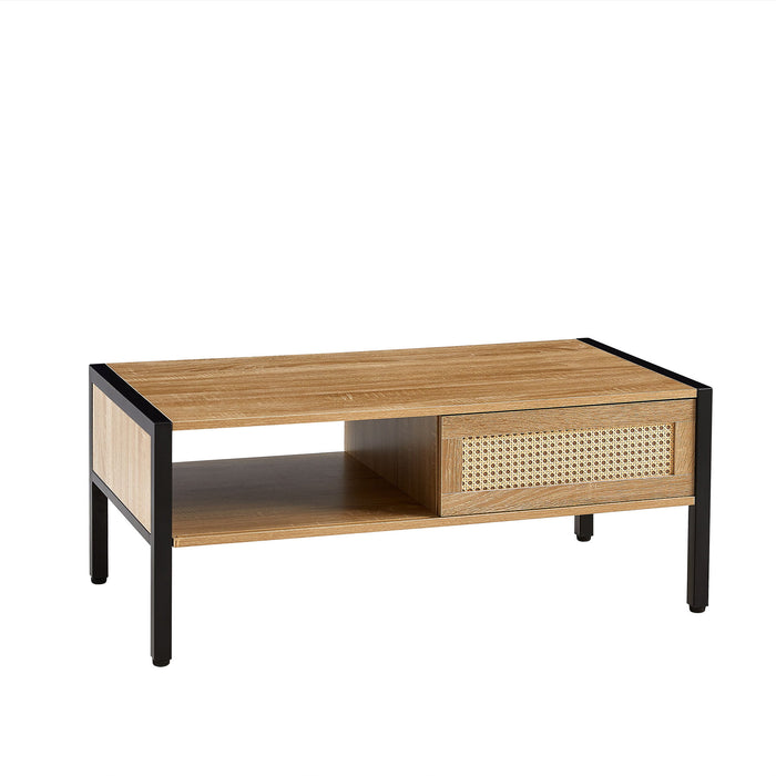 Rattan Coffee Table, Sliding Door For Storage, Metal Legs, Modern Table For Living Room, Natural