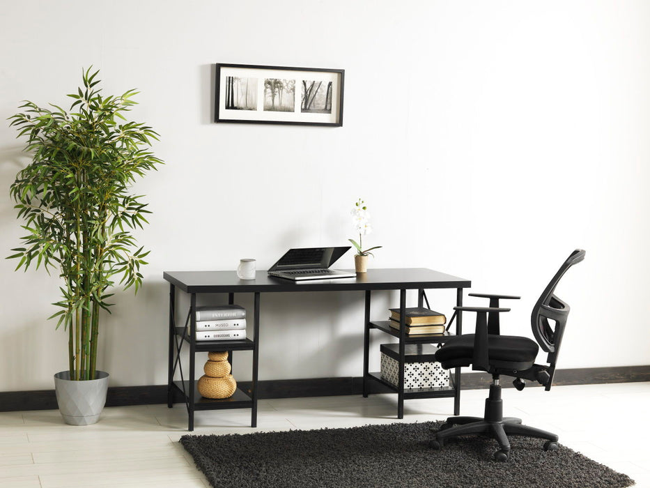 Furnish Home Store Buket Metal Frame 60" Extra Wide Wood Top 4 Shelves Writing And ComPuter Desk For Home Office, Black