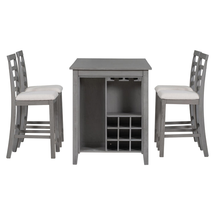 Trexm 5 Piece Multi-Functional Rubber Wood Counter Height Dining Set With Padded Chairs And Integrated 9 Bar Wine Compartment, Wineglass Holders For Dining Room (Gray)
