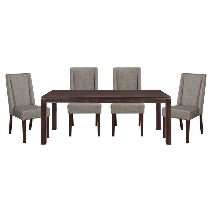 Contemporary Dark Brown 5 Pieces Dining Set Table With Extension Leaf And 4 Upholstered Side Chairs Modern Dining Room Furniture