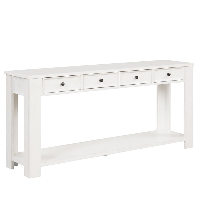 63" Pine Wood Console Table With 4 Drawers And 1 Bottom Shelf For Entryway Hallway Easy Assembly 63" Long Sofa Table (Antique White)