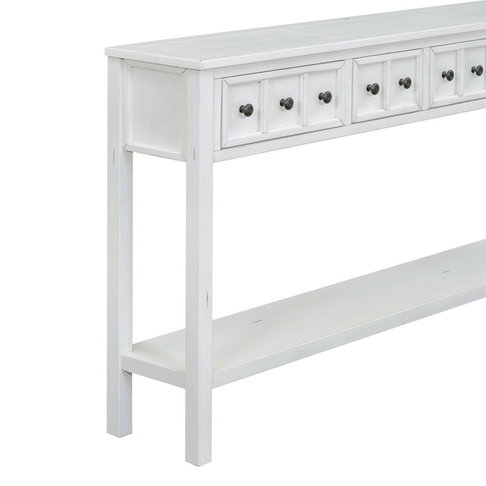 Trexm Rustic Entryway Console Table, Long Sofa Table With Two Different Size Drawers And Bottom Shelf For Storage (Antique White)