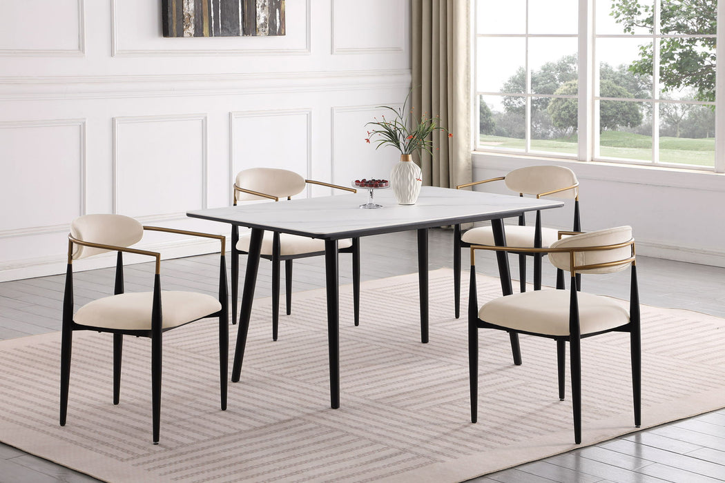 Modern Contemporary 5 Pieces Dining Set White Sintered Stone Table And Taupe Chairs Fabric Upholstered Stylish Furniture