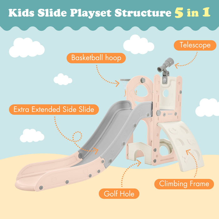 Kids Slide Playset Structure 5 In 1, Freestanding Spaceship Set With Slide, Telescope And Basketball Hoop, Golf Holes For Toddlers, Kids Climbers Playground - Pink / Grey