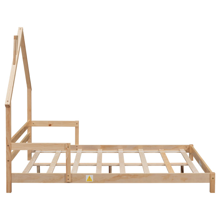 Full House - Shaped Headboard Bed With Handrails, Slats, Natural