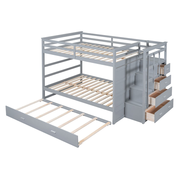 Full Over Full Bunk Bed With Twin Size Trundle And Staircase, Gray