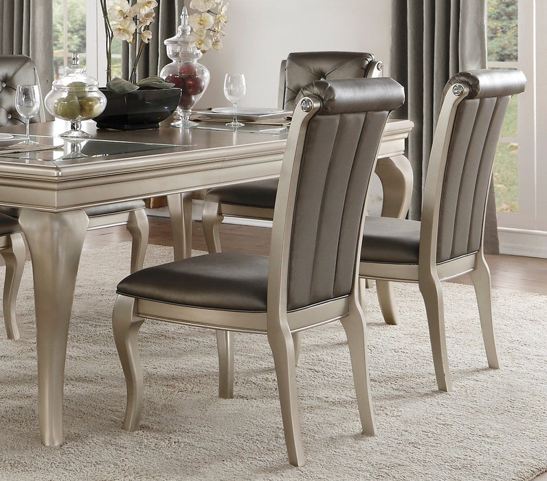 Crystal Button Tufted Side Chairs 2 Pieces Set Silver Finish Wood Frame Gray Faux Leather Upholstered Dining Furniture