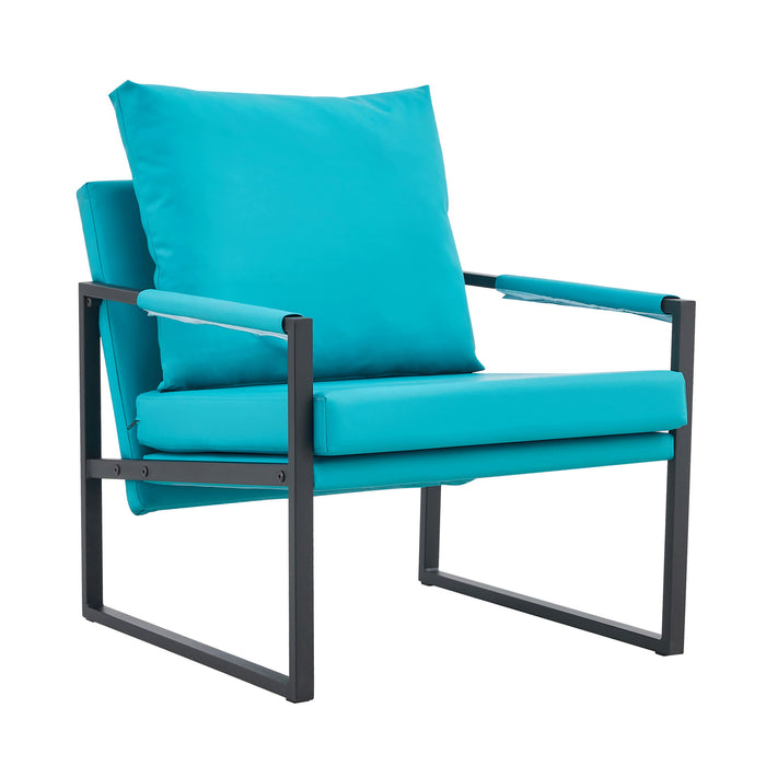 PU Leather Accent Arm Chair Mid Century Modern Upholstered Armchair With Metal Frame Extra - Thick Padded Backrest And Seat Cushion Sofa Chairs For (Cyan PU Leather And Metal And Foam)