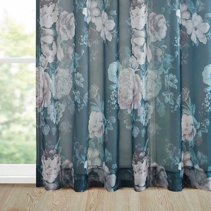 Printed Floral Rod Pocket And Back Tab Voile Sheer Curtain - Navy