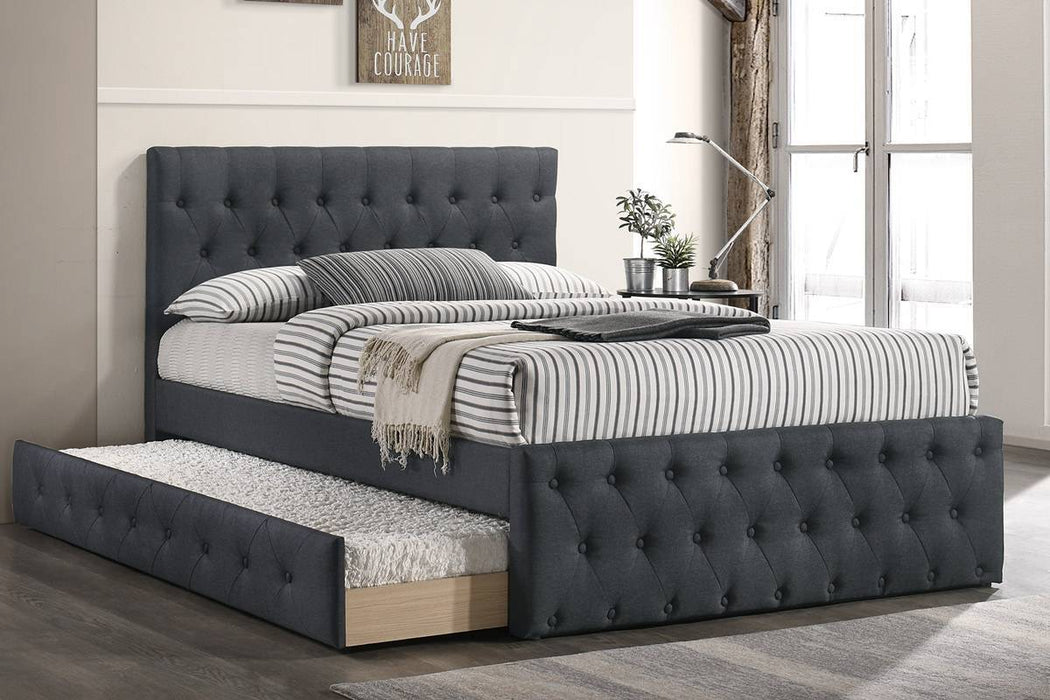 Contemporary Twin Size Bed With Trundle Slats Charcoal Burlap Upholstered Button Tufted Headboard Footboard Youth Bedroom Furniture Wooden Slats 1 Piece Bed