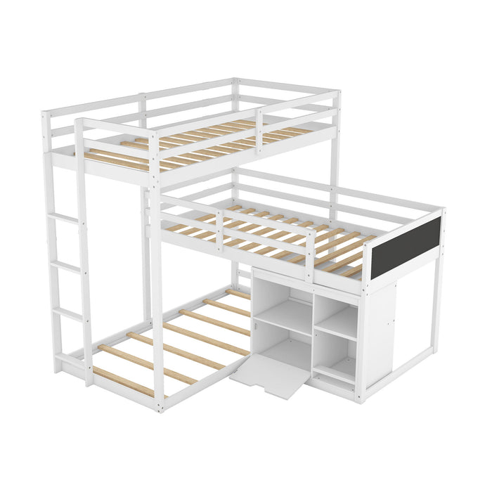 L-Shaped Wood Triple Twin Size Bunk Bed With Storage Cabinet And Blackboard, Ladder, White