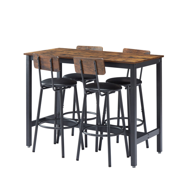 Bar Table Set With 4 Bar Stools PU Soft Seat With Backrest, Rustic Brown