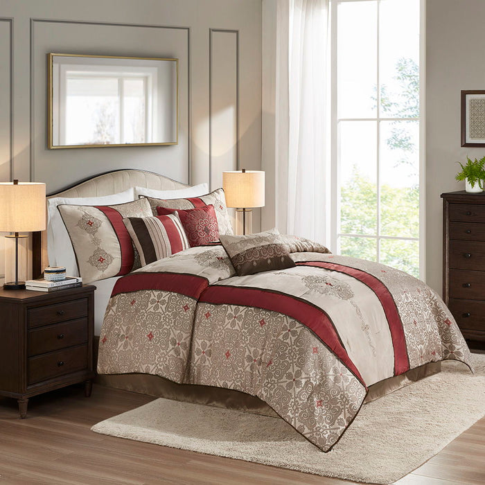 7 Piece Jacquard Comforter Set With Throw Pillows - Red