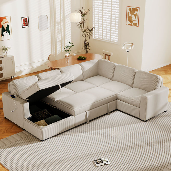 U_Style U - Shaped Corduroy Combination Corner Sofa With Storage Lounge Chair, 6 Seater Oversized Sofa, With USB Interfaces, Suitable For Living Room, Office, And Spacious Space - Beige