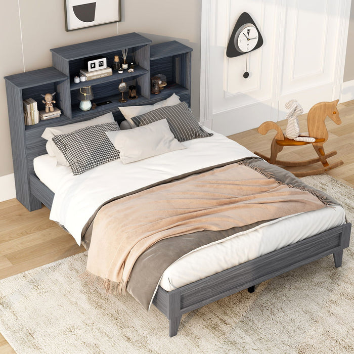 Queen Size Storage Platform Bed Frame With 4 Open Storage Shelves And USB Charging Design, Gray