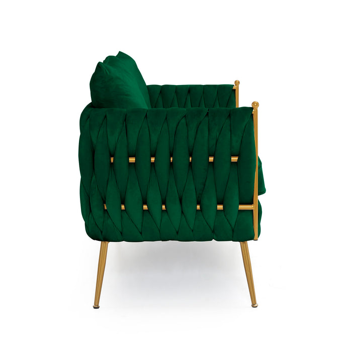 Mid Century Modern Velvet Loveseat Sofa Small Love Seats Handmade Woven & Golden Legs Comfy Couch For Living Room, Upholstered 2 Seater Sofa For Small Apartment, Green Velvet