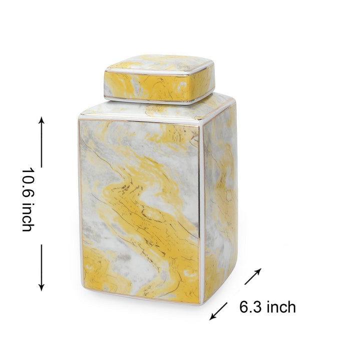 Square Glass Ginger Jar With Marble Design - Gold And Gray
