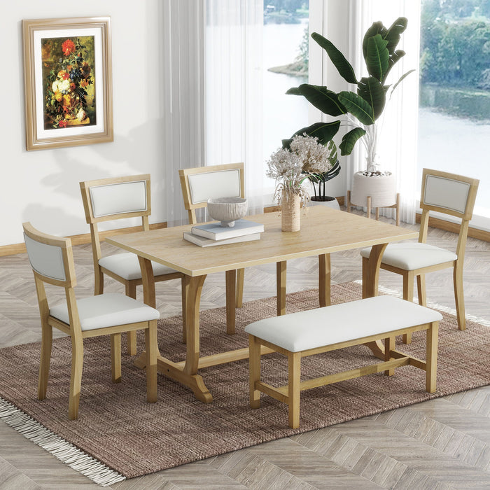 Topmax Farmhouse 6 Piece Trestle Dining Table Set With Upholstered Dining Chairs And Bench, Brown