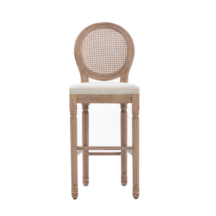 Hengming French Country Wooden Barstools Rattan Back With Upholstered Seating - Beige And Natural, (Set of 2)