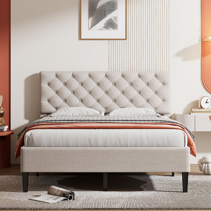 Upholstered Linen Platform Bed, Full Size, Beige