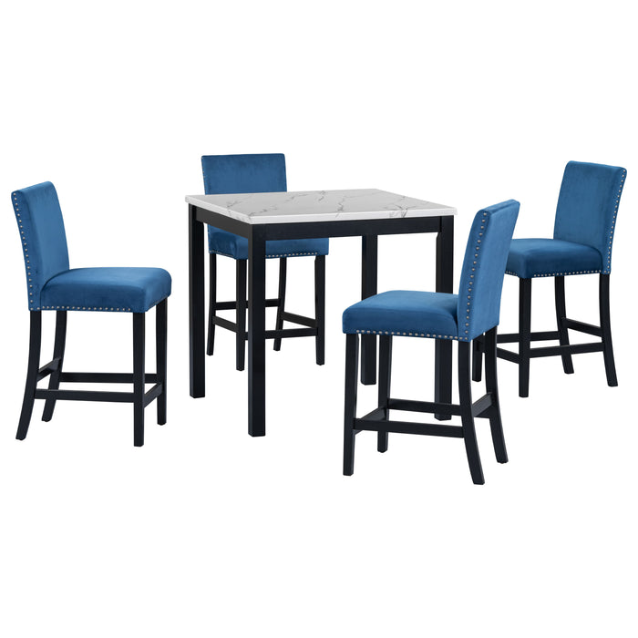 5 Piece Counter Height Dining Table Set With One Faux Marble Top Dining Table And Four Velvet - Upholstered Chairs, Blue