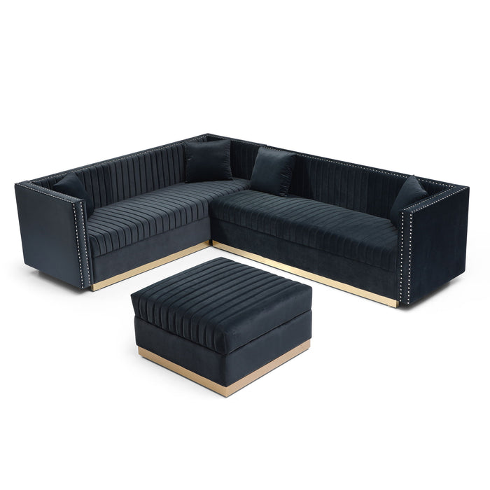 Contemporary Vertical Channel Tufted Velvet Big Size Ottoman Modern Upholstered Foot Rest For Living Room Apartment, Black