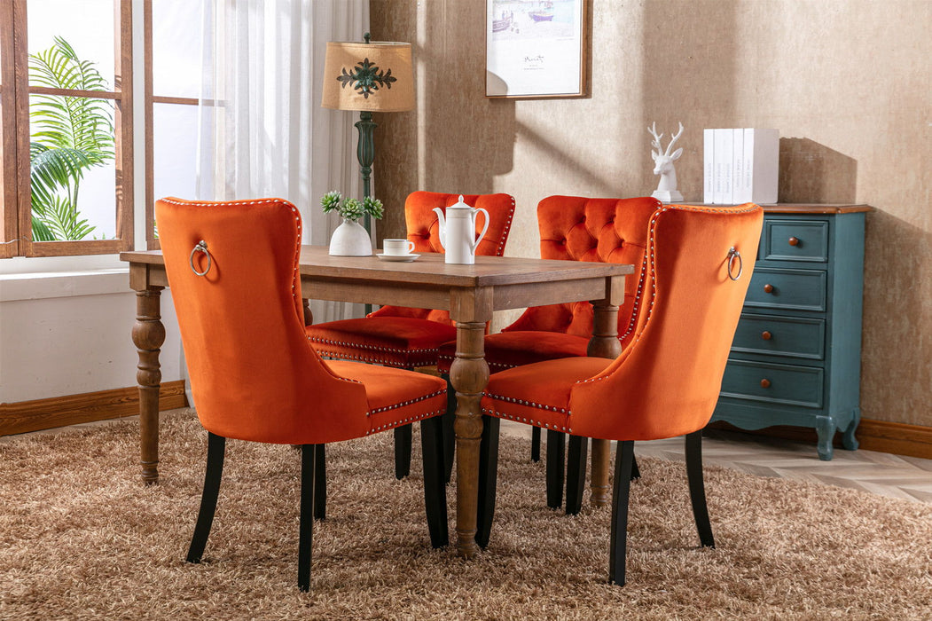 Nikki Collection Modern, High - End Tufted Solid Wood Contemporary Upholstered Dining Chair With Wood Legs Nailhead (Set of 2) - Orange