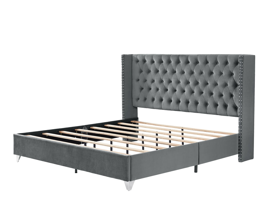 B100S King Bed With Two Nightstands, Button Designed Headboard, Strong Wooden Slats And Metal Legs With Electroplate - Gray
