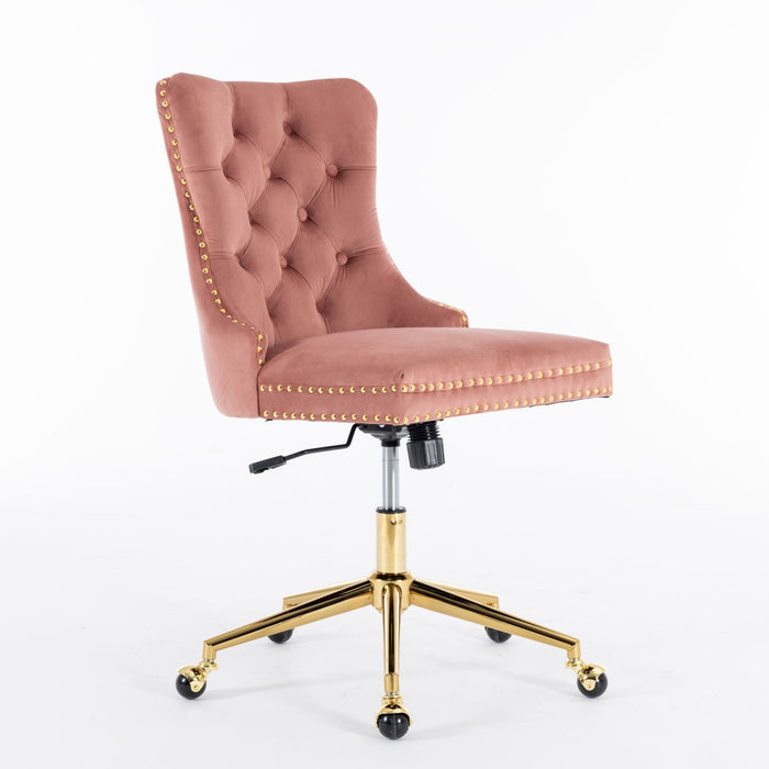 A&A Furniture Office Chair, Velvet Upholstered Tufted Button Home Office Chair With Golden Metal Base, Adjustable Desk Chair Swivel Office Chair (Pink)