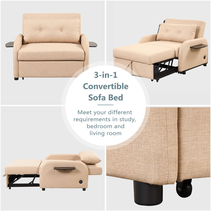Pull Out Sofa Sleeper 3 In 1 With 2 Wing Table And Usb Charge For Nap Line Fabric For Living Room Recreation Room Beige