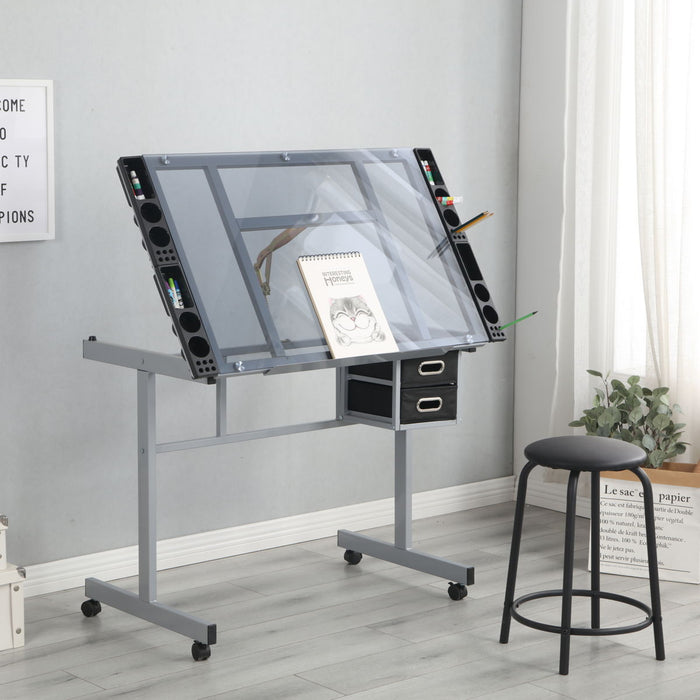 Adjustable Art Drawing Desk Cra Ft Station Drafting With 2 Non - Woven Fabric Slide Drawers And 4 Wheels