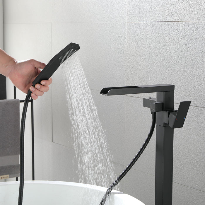 Waterfall Freestanding Single Handle Floor Mounted Clawfoot Tub Faucet With Handshower - Matte Black