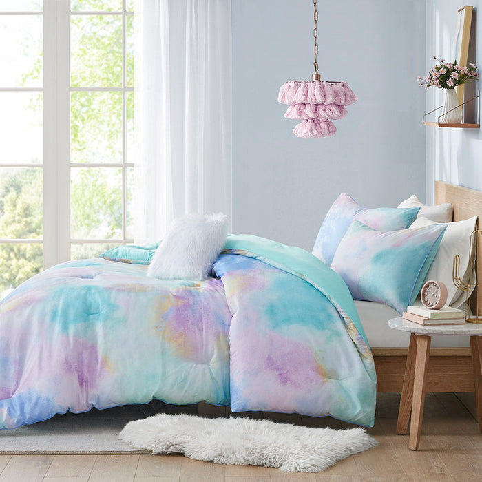 Watercolor Tie Dye Printed Comforter Set With Throw Pillow Aqua