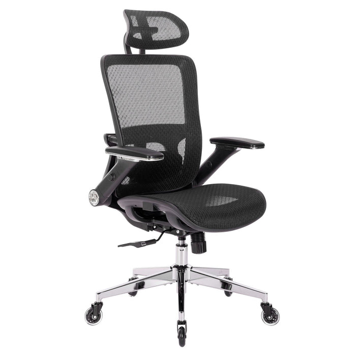 Ergonomic Mes Height Office Chair, High Back - Adjustable Headrest With Flip-Up Arms, Tilt And Lock Function, Lumbar Support And Blade Wheels, Kd Chrome Metal Legs - Black