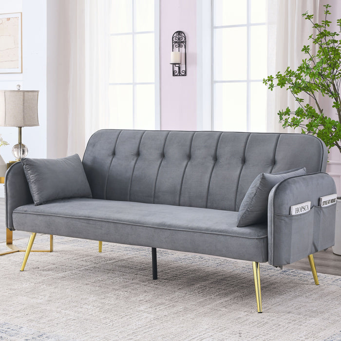 Convertible Sofa Bed, Adjustable Velvet Sofa Bed - Velvet Folding Lounge Recliner - Reversible Daybed - Ideal For Bedroom With Two Pillows And Center Legs